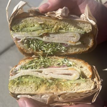 The Scoop - Turkey pesto bagel (with sun dried tomato bagel) - Ice Cream & Frozen Yogurt Near Me - Spokane, Washington The Scoop - Turkey pesto bagel (with sun dried tomato bagel) - Ice Cream & Frozen Yogurt Near Me - Spokane, Washington