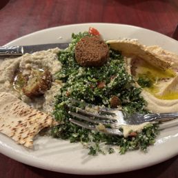 Vegetarian plate--with hummus, baba ganuj, tabouli, and (what used to be) two falafel. Plus some pita bread. SO GOOD!!!