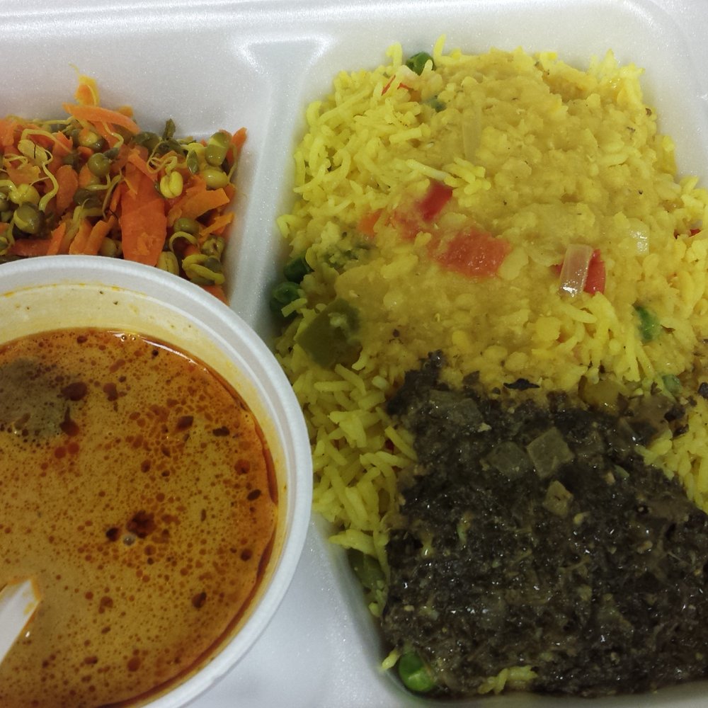 Appu's Cafe - Lunch Buffet with a rice preparation, mung/moong lentils and carrots salad, 3 soups- mushroom, spinach and lentil soups - Vegan Near Me - Long Beach, California Appu's Cafe - Lunch Buffet with a rice preparation, mung/moong lentils and carrots salad, 3 soups- mushroom, spinach and lentil soups - Vegan Near Me - Long Beach, California