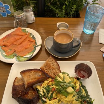 Blue Daisy - Arugula, goat cheese and sun dried tomatoes scramble with a side of lox. Toast was fantastic! - Creperies Near Me - Santa Monica, California Blue Daisy - Arugula, goat cheese and sun dried tomatoes scramble with a side of lox. Toast was fantastic! - Creperies Near Me - Santa Monica, California