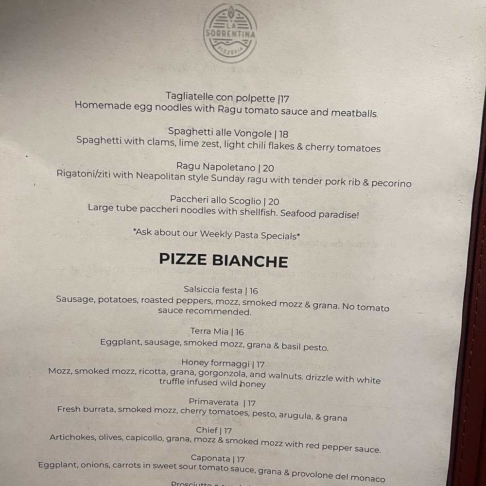 La Sorrentina - La Sorrentina Pizze Bianche Menu 01/19/2023 - Pizza Near Me - Vancouver, Washington