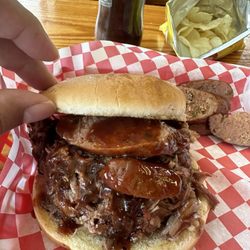 Julian's BBQ - Chopped Brisket sandwich w/ jalapeño sausage