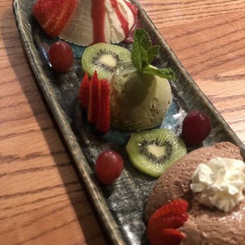 Tei Tei Robata Bar - Panna Cotta , Strawberry Sauce + Green Tea Ice Cream + Chocolate Bavaroies - Japanese Near Me - Dallas, Texas Tei Tei Robata Bar - Panna Cotta , Strawberry Sauce + Green Tea Ice Cream + Chocolate Bavaroies - Japanese Near Me - Dallas, Texas