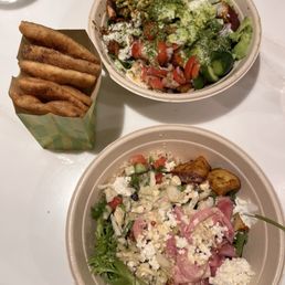Harissa chicken avocado, Lamb meatball bowl, pita chips