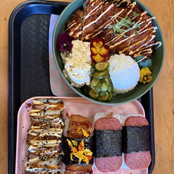 Moosubi & Shave Ice - Chicken katsu plate lunch, Deep Fried Spam Musubi, Tofu Katsu Musubi, and 2x Classic Spam Musubi.  Utter perfection! - Hawaiian Near Me - Portland, Oregon