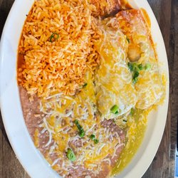 Juan’s Mexican Grill & Cantina - Chicken enchiladas with red and green sauce, rice and beans
