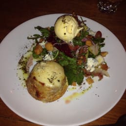 Double baked blue cheese soufflé with blue cheese ice cream over with pears, walnut and bitter leaves salad - yummo