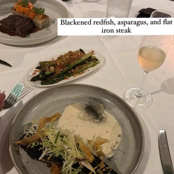 Brennan's - Flat iron on point with carrots and pommes blackened fish so good flavorful - Cajun/Creole Near Me - New Orleans, Louisiana Brennan's - Flat iron on point with carrots and pommes blackened fish so good flavorful - Cajun/Creole Near Me - New Orleans, Louisiana