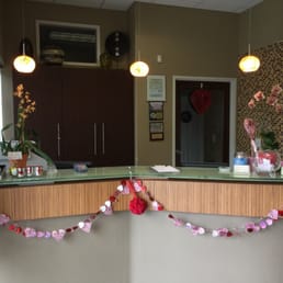 Front office decorated for Valentine's Day