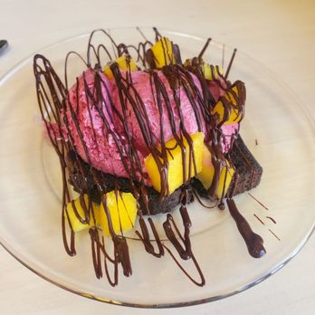 Gelati - House special brownie with raspberry rose Gelato and mango sprinkle with chocolate icing ... so delicious... must try - Gelato Near Me - Glendale, California