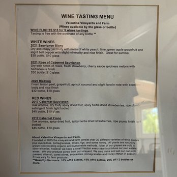 Valentina Vineyards - Wine tasting menu. - Wine Tasting Room Near Me - Dulzura, California Valentina Vineyards - Wine tasting menu. - Wine Tasting Room Near Me - Dulzura, California