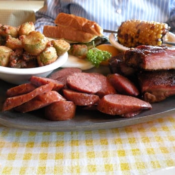 Clark's Outpost Restaurant - Sausage & Ribs w. yummy okra & fried corn....soooo good...& see the little peach hidin' beside the corn. :-) - Barbeque Near Me - Tioga, Texas Clark's Outpost Restaurant - Sausage & Ribs w. yummy okra & fried corn....soooo good...& see the little peach hidin' beside the corn. :-) - Barbeque Near Me - Tioga, Texas