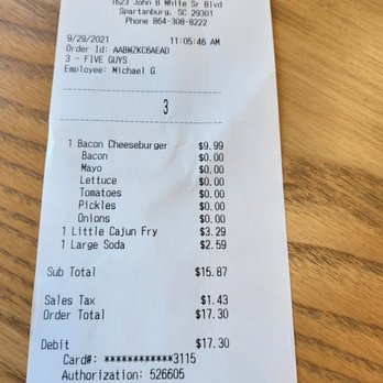 Five Guys - $17 for one bacon cheeseburger small fry and large drink - Burgers Near Me - Spartanburg, South Carolina Five Guys - $17 for one bacon cheeseburger small fry and large drink - Burgers Near Me - Spartanburg, South Carolina