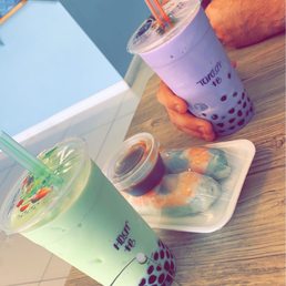 Taro smoothie with boba. Honeydew smoothie with boba.
