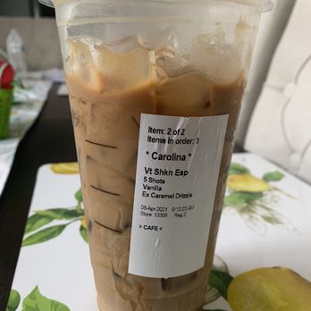 Starbucks - I order shaken espresso 5 shots. When espresso it's shaken it creates a foam on top. This it's a latte espresso not shaken. - Coffee & Tea Near Me - Corona, California Starbucks - I order shaken espresso 5 shots. When espresso it's shaken it creates a foam on top. This it's a latte espresso not shaken. - Coffee & Tea Near Me - Corona, California