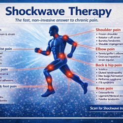 Shockwave Therapy illustrating treatment areas for neck, shoulder, elbow, back, hip, knee, hand, wrist, and foot pain for fast, non‑invasive