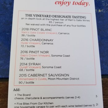Ram's Gate Winery - The Vineyard Designagte Tasting at $65 per person. 5 wines & you can add on The Board or Five Bites From Our Kitchen for an additional fee. - Wineries Near Me - Sonoma, California