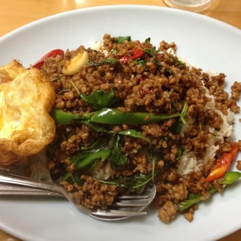 Treasure Pot Thai Restaurant - Moo Kra Pow over rice (Stir-fried Pork with Thai Holy Basil) - Thai Near Me - Paramount, California Treasure Pot Thai Restaurant - Moo Kra Pow over rice (Stir-fried Pork with Thai Holy Basil) - Thai Near Me - Paramount, California