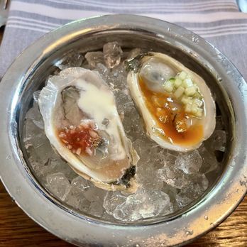Common Thread Savannah - oyster no. 1 (right) - preserved peach - ginger - chili - cucumber (my favorite) oyster no. 2 (left)- tomato - fennel - crème fraîche - New American Near Me - Savannah, Georgia Common Thread Savannah - oyster no. 1 (right) - preserved peach - ginger - chili - cucumber (my favorite) oyster no. 2 (left)- tomato - fennel - crème fraîche - New American Near Me - Savannah, Georgia