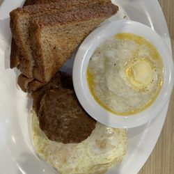 Huddle House - Pick 2- turkey sausage, over medium eggs, grits and wheat bread. Looks large but it was small.