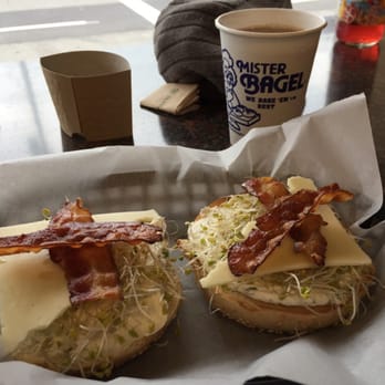 Mister Bagel Westbrook - Sesame bagel, chive cream cheese, bacon, sprouts!!! - Bagels Near Me - Westbrook, Maine