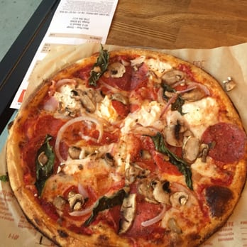Blaze Pizza - My own concoction: Red sauce, pepperoni, salami, mozzarella, ricotta, red onion, mushroom and basil! - Salad Near Me - Orange, California Blaze Pizza - My own concoction: Red sauce, pepperoni, salami, mozzarella, ricotta, red onion, mushroom and basil! - Salad Near Me - Orange, California