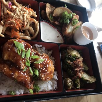 Cerulean Restaurant - Bento Box with Smokey Yao's chicken, brussel sprouts, potato wedges & Asian Noodles - Japanese Near Me - Winona Lake, Indiana Cerulean Restaurant - Bento Box with Smokey Yao's chicken, brussel sprouts, potato wedges & Asian Noodles - Japanese Near Me - Winona Lake, Indiana