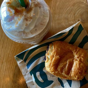 Starbucks - Caramel Ribbon Crunch Frappuccino Blended Beverage and Chocolate Croissant - Coffee & Tea Near Me - Clovis, California