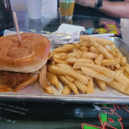 Crispy chicken sandwich and fries. Quite tasty Crispy chicken sandwich and fries. Quite tasty