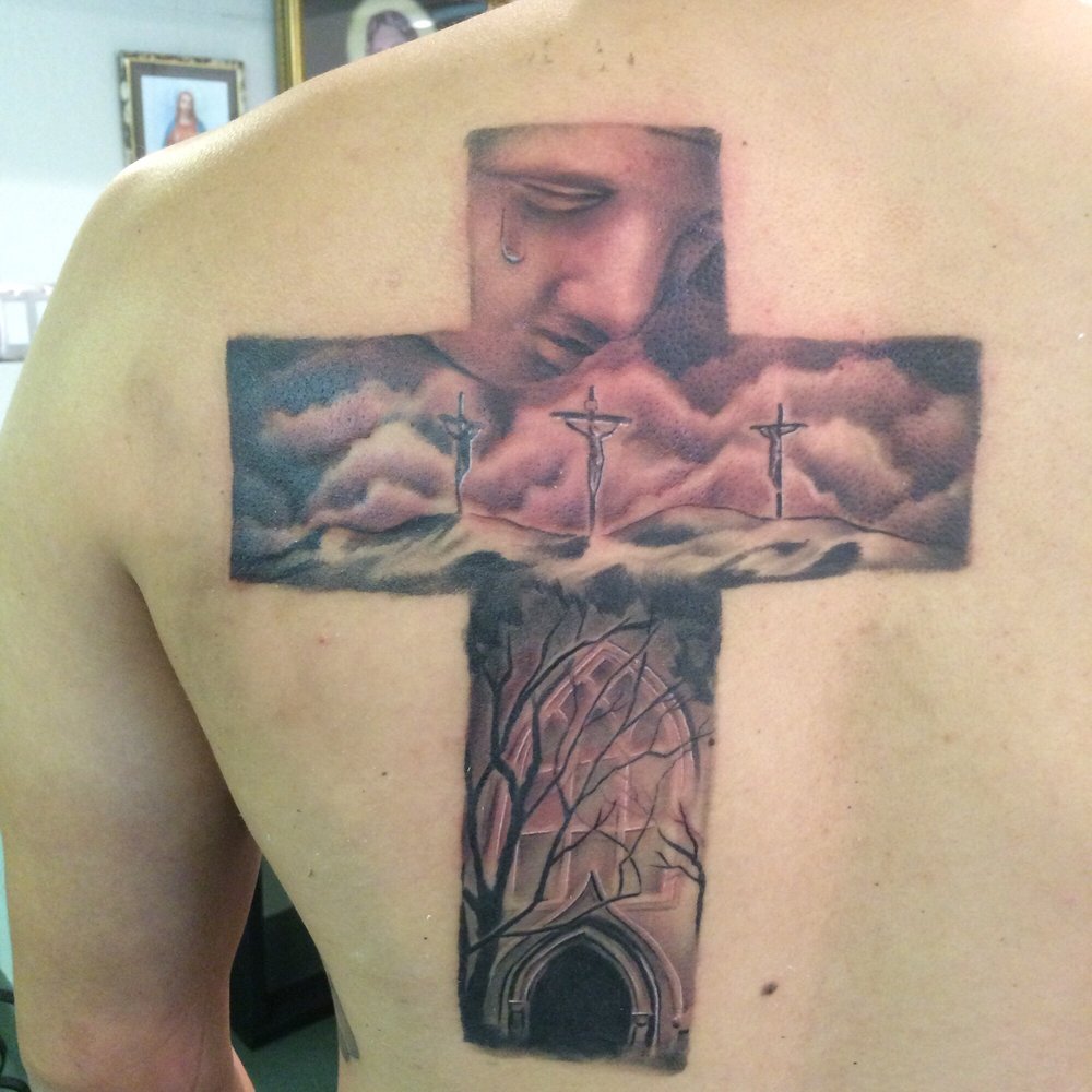 In The Skin Studios - No Border Cross, with 3 images Tattoo by Andy. - Tattoo Near Me - Pasadena, California In The Skin Studios - No Border Cross, with 3 images Tattoo by Andy. - Tattoo Near Me - Pasadena, California