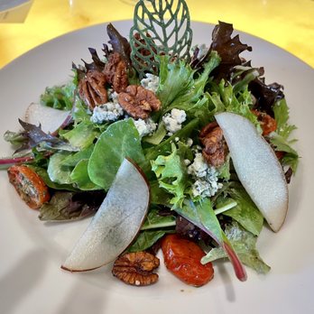 Frasers Gourmet Hideaway - Mixed salad with pear slices, spiced pecans, Gorgonzola cheese, maple bourbon vinaigrette - New American Near Me - Oak Harbor, Washington Frasers Gourmet Hideaway - Mixed salad with pear slices, spiced pecans, Gorgonzola cheese, maple bourbon vinaigrette - New American Near Me - Oak Harbor, Washington