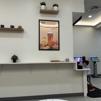 Moge Tee - The image shows a modern, minimalistic interior with a white wall decorated with two wooden shelves holding small potted plants and cups. A framed poster advertising a fruit tea beverage is centered on the wall. Below, a small potted plant sits on a white counter. To the right, two children are using digital ordering kiosks, with one child partially visible. The flooring is light-colored wood, and the ceiling has recessed lighting and a visible air vent. - Bubble Tea Near Me - Lynnfield, Massachusetts