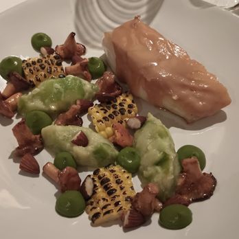 Kitchen W8 - Filet of Cornish Cod with scorched corn, almond, courgette, and Scottish girolles. - French Near Me - London, XGL