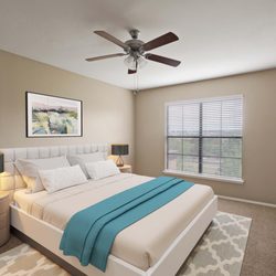 Camden Denver West Apartments - Spacious bedroom with ceiling fan at Camden Denver West Apartments in Golden, CO
