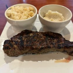 Calhoun Steak House - New York strip. Mashed potatoes. Mac and cheese.