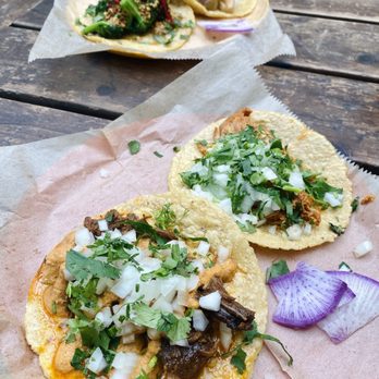 Tacos Oscar - Charred Broccoli Taco and Taco de Papa (Back) Taco de Barbacoa and Tinga de Pollo Taco (Front) - Tacos Near Me - Oakland, California Tacos Oscar - Charred Broccoli Taco and Taco de Papa (Back) Taco de Barbacoa and Tinga de Pollo Taco (Front) - Tacos Near Me - Oakland, California