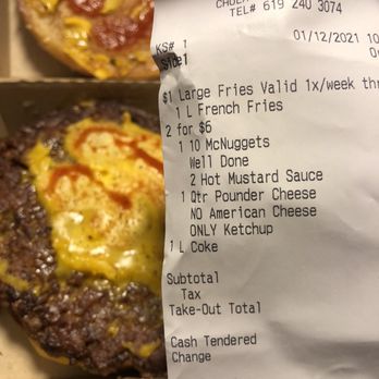 McDonald's - I asked for no cheese and my nuggets to be well done and I got nuggets that were in our old refried and this for a burger - Burgers Near Me - Chula Vista, California