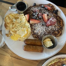 Buckwheat pancakes, eggs and sausage