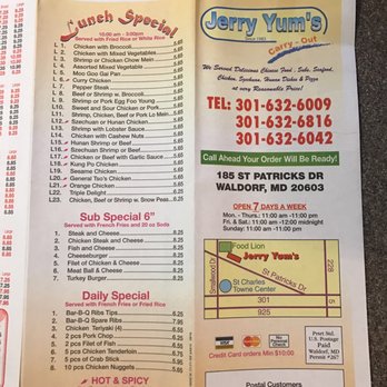 Jerry Yum's - the menu for the restaurant - Chinese Near Me - Waldorf, Maryland