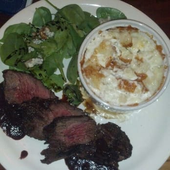 Brick & Fire Bistro - Steak, medium, with blueberry ancho chili sauce and a side of potatoes gratin with a touch of goat cheese. - Mediterranean Near Me - Eureka, California Brick & Fire Bistro - Steak, medium, with blueberry ancho chili sauce and a side of potatoes gratin with a touch of goat cheese. - Mediterranean Near Me - Eureka, California