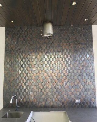 Metal on the BBQ - Metallic tile on an outside kitchen Metal on the BBQ - Metallic tile on an outside kitchen