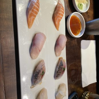 Hakumaru - Nigiri (Salmon Belly, Yellowtail, Aji, Hotate) - Japanese Near Me - San Diego, California Hakumaru - Nigiri (Salmon Belly, Yellowtail, Aji, Hotate) - Japanese Near Me - San Diego, California