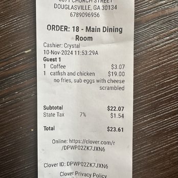 Gritz Brunch Bar - Receipt of the catfish, chicken and fries. I subbed the fries for scrambled eggs. - Breakfast & Brunch Near Me - Douglasville, Georgia Gritz Brunch Bar - Receipt of the catfish, chicken and fries. I subbed the fries for scrambled eggs. - Breakfast & Brunch Near Me - Douglasville, Georgia