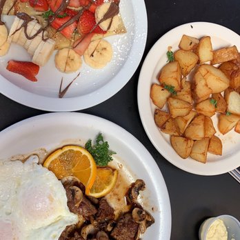 Stacks Pancake House - Meat lover omelette, steak and eggs (medium), potatoes and strawberry Banana Nutella crepe - Breakfast & Brunch Near Me - Irvine, California