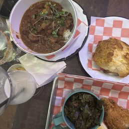 Red beans and rice, biscuit, catfish dinner with Mac and greens Red beans and rice, biscuit, catfish dinner with Mac and greens