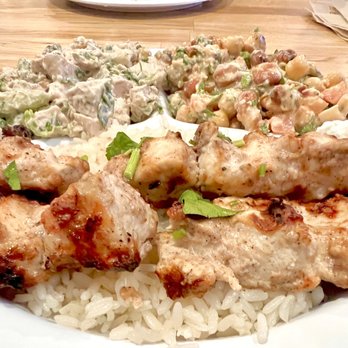Sassool - Combo Plate with 2 Kabobs Platter With Fava Bean Salad and Chicken Salad - Mediterranean Near Me - Cary, North Carolina Sassool - Combo Plate with 2 Kabobs Platter With Fava Bean Salad and Chicken Salad - Mediterranean Near Me - Cary, North Carolina