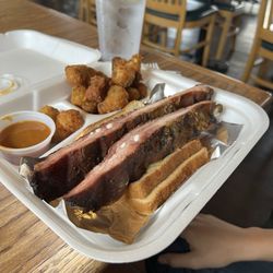 Sam's Soul Food & BarBQ - Pork rib sandwich with okra