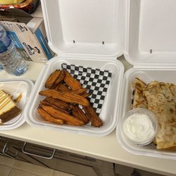 Woody's Roadside - Biloxi - Quesadilla with chicken, Sweet Potato Fries, and a slice of Cheesecake...