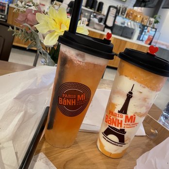 Paris Banh Mi - Gainesville - Lychee tea with popping lychee boba and Thai tornado slush - Bakeries Near Me - Gainesville, Florida Paris Banh Mi - Gainesville - Lychee tea with popping lychee boba and Thai tornado slush - Bakeries Near Me - Gainesville, Florida