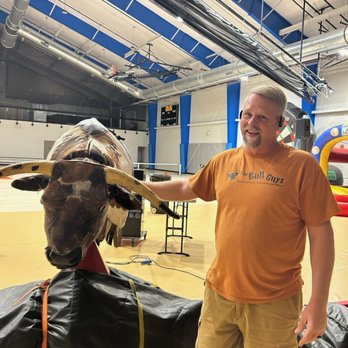 The Bull Guys - The operator and bull at the end of the night. It comes in a huge inflatable ring and is very safe. It can go at many different speeds. - Bounce House Rentals Near Me